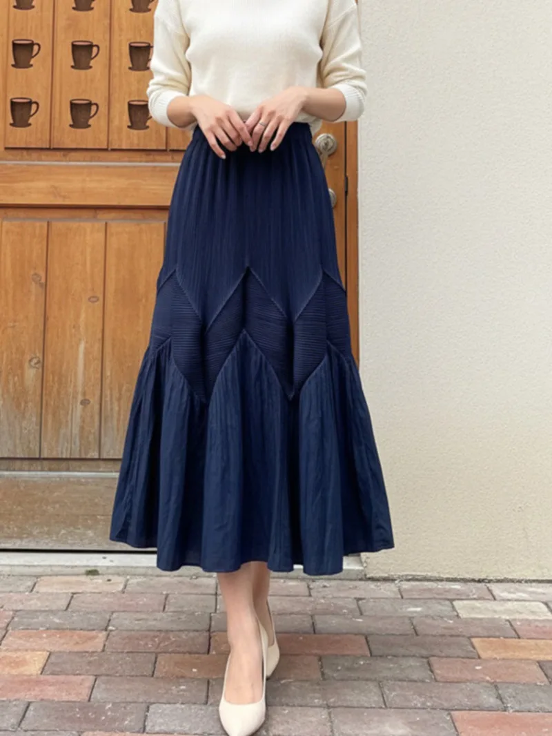 New Women's Chic Flower Bud Skirt Pleated Design Niche Elastic High Waist Solid Color Fashion Mid-Length Skirts 2ONTA