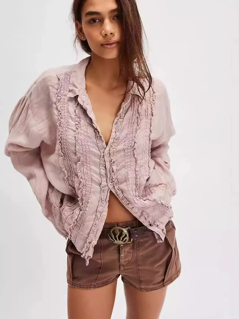 قميص نسائي فضفاض بياقة دانتيل وأكمام طويلة، نمط كاجوال من القطن الخالص، قميص مريح مناسب لموسم الخريف