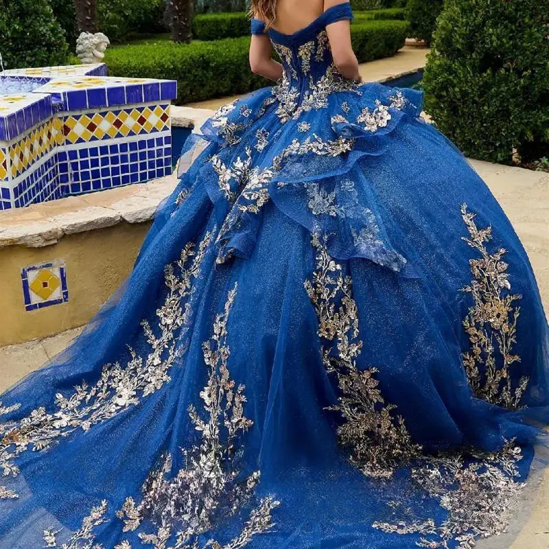 Customized Luxury Shiny Navy Blue French Quinceanera Dresses Off shoulder Tull Beaded Applique metal decal long off shoulder