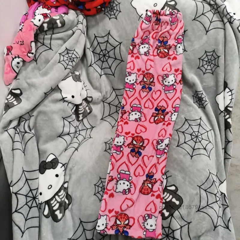 Sanrio Hello Kitty Spider Man Cartoon Flannel Sleep Pants Fashion Loose Straight Tube Pants New High Waist Thick Pajama Pants ﻿