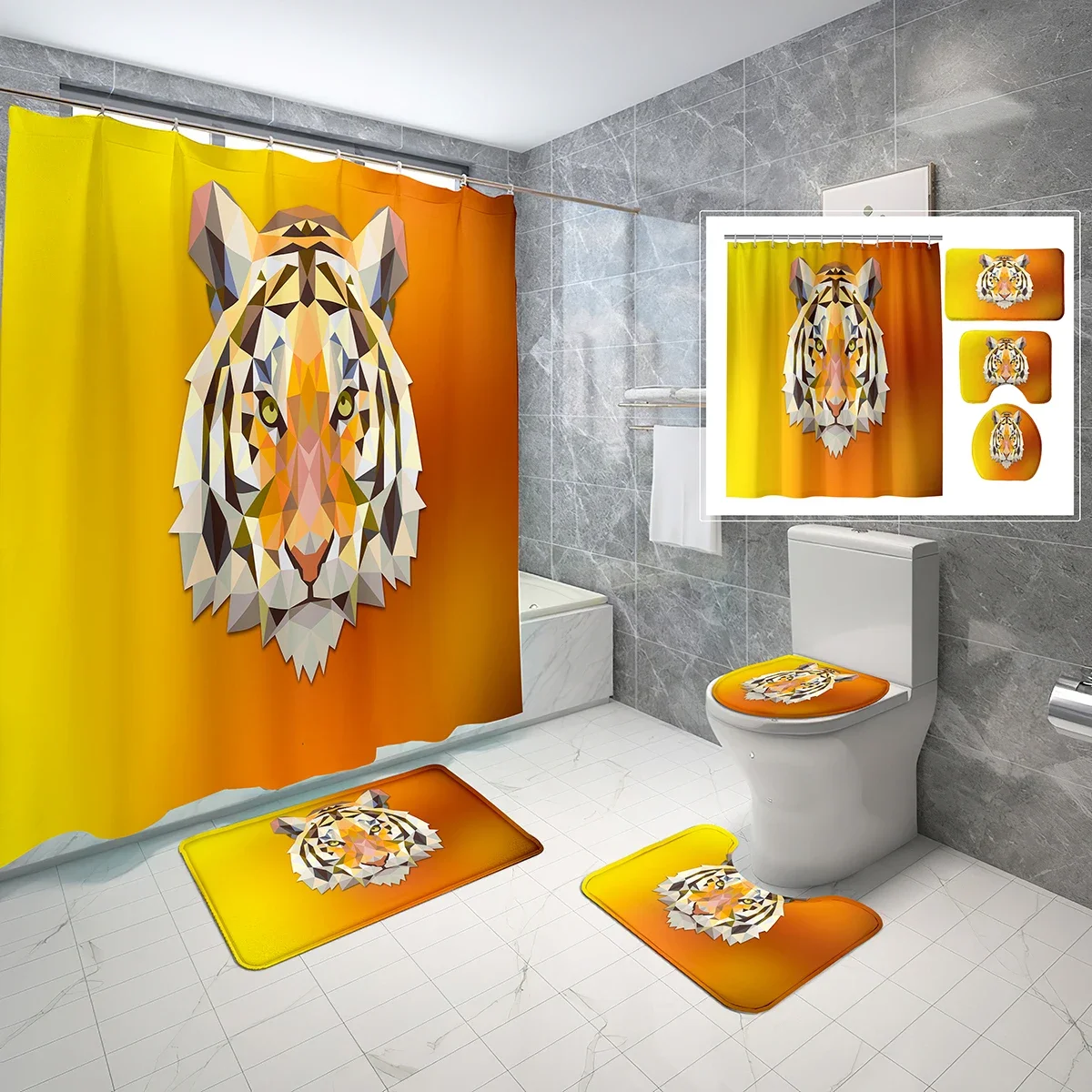 4 Pcs Geometric Shower Curtain Sets with Toilet Lid Cover and Non-slip Bath Mat Red Orange Triangle Tiger Shower Curtain Set