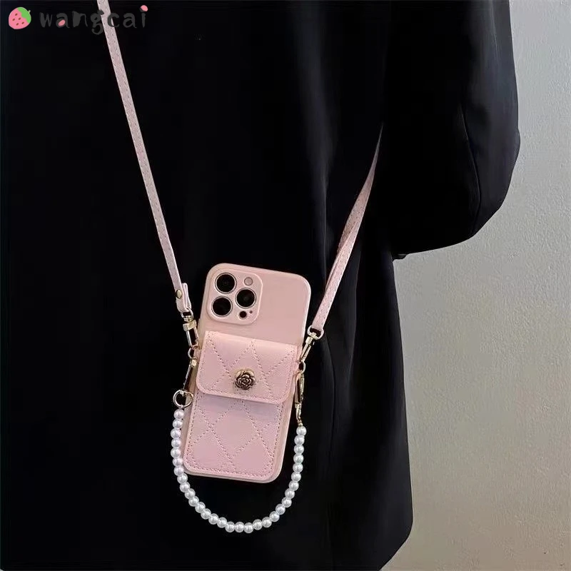 For Huawei P60 Art P60 P50 P40 P30 P20 Pro P50E P40 P30 P20 Lite Nova 5i Pro Pearl Chain Camellia Phone Case +Cross-body Lanyard