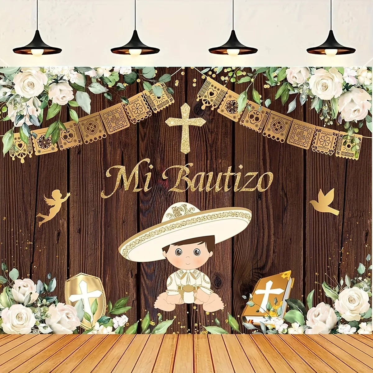 Fondo de fotografía de flor blanca de madera Mi Bautizo niño Dios bendiga primera comunión bautismo decoraciones para fiesta fondo