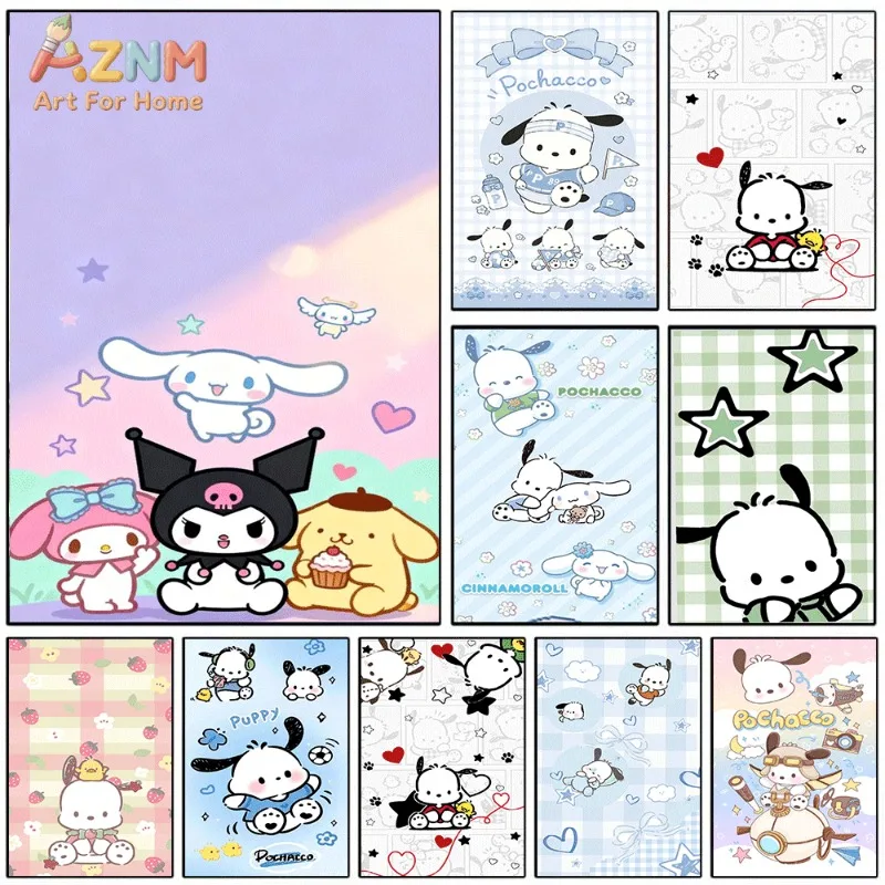 Sanrio Pochacco Canvas Wall Art Unframed Print Fresh Star Heart Cartoon Poster for Bedroom Dorm Home Interior Wall Decor Art P