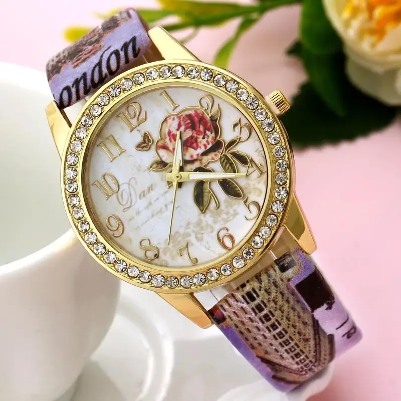 Reloj mujer 2020 moda rosa flor relógios de pulso feminino graffiti pulseira de couro quartzo relógio de pulso senhoras relógios casuais