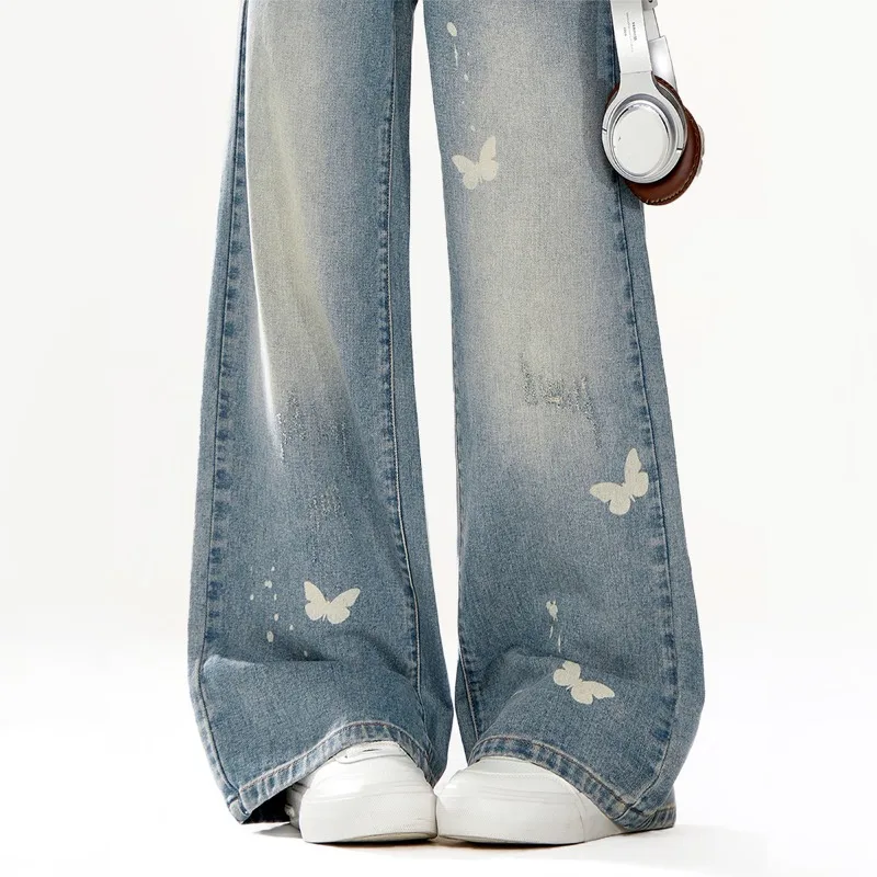 

Women's High Waist Wide Leg Jeans Light Wash Butterfly Print Casual Streetwear Flare Denim Pants Summer 2026 American Vintage