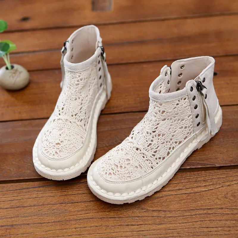 

Women's High-Top Lace-Up Hollow out Comfortable Soft Bottom Retro Sandals Zipper Closure Breathable Mesh round Toe Flat Heel