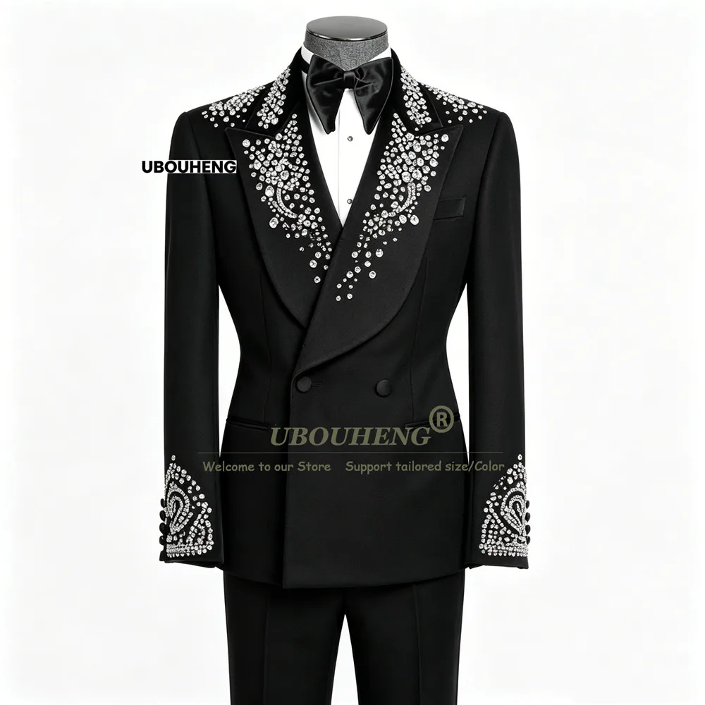 Luxury Beaded Stones Suits Men 2 Pieces Double Breasted Groom Prom Blazer Pants Customized Man Banquet Tuxedo Terno Masculinos