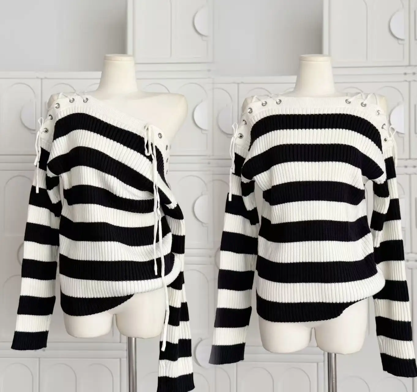 

Loose Long Sleeve Knitted Sweater Color Block Women's Versatile Soft Casual Tops Round Neck Autumn New Lace Up Pullovers F140