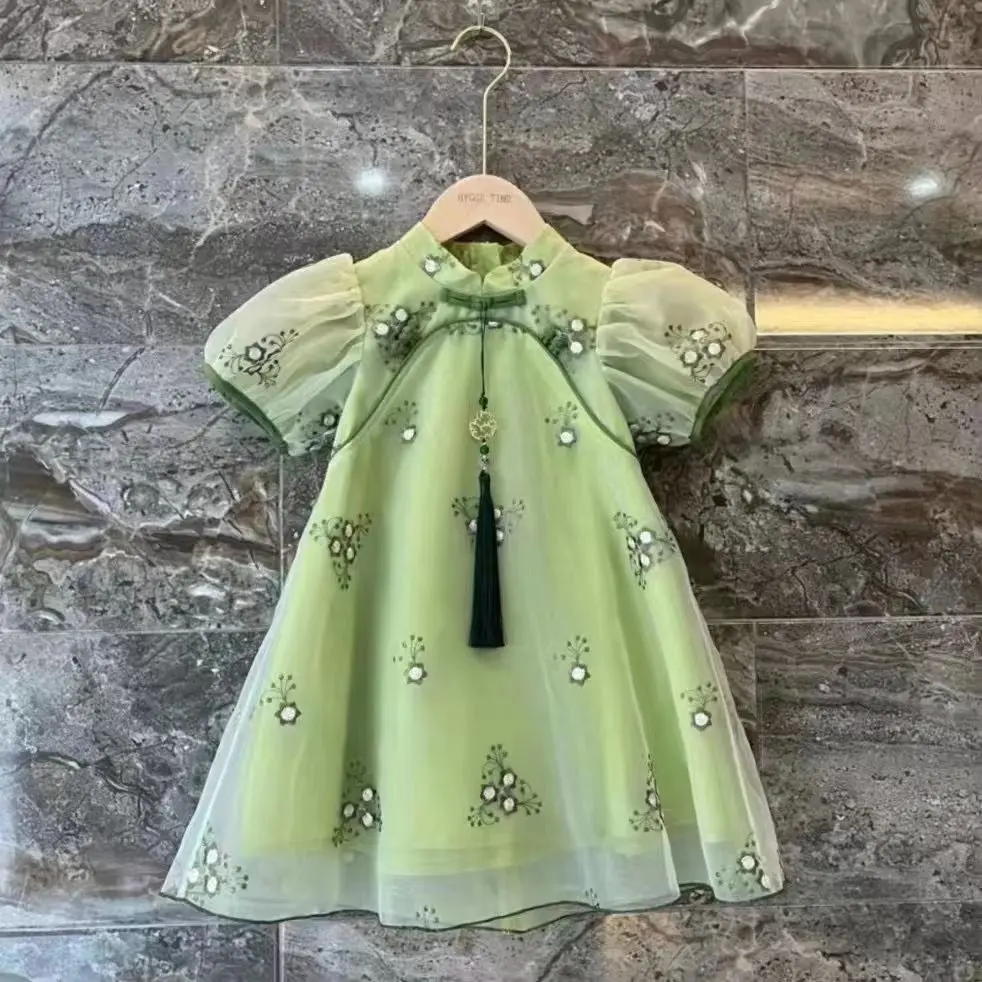 Kids Girls Summer Qipao Dress 2023 Short Sleeve Retro Princess Dress Baby Chinese Style Dress Hanfu Dress Little Girl Baby Dress