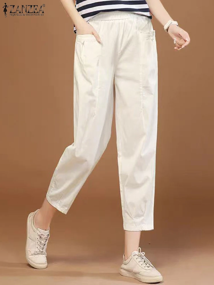 ZANZEA 2024 Summer Cropped Long Pants Vintage Women Harem Pants Elastic Waist Casual Trousers Pocket Loose Solid Color Pantalons