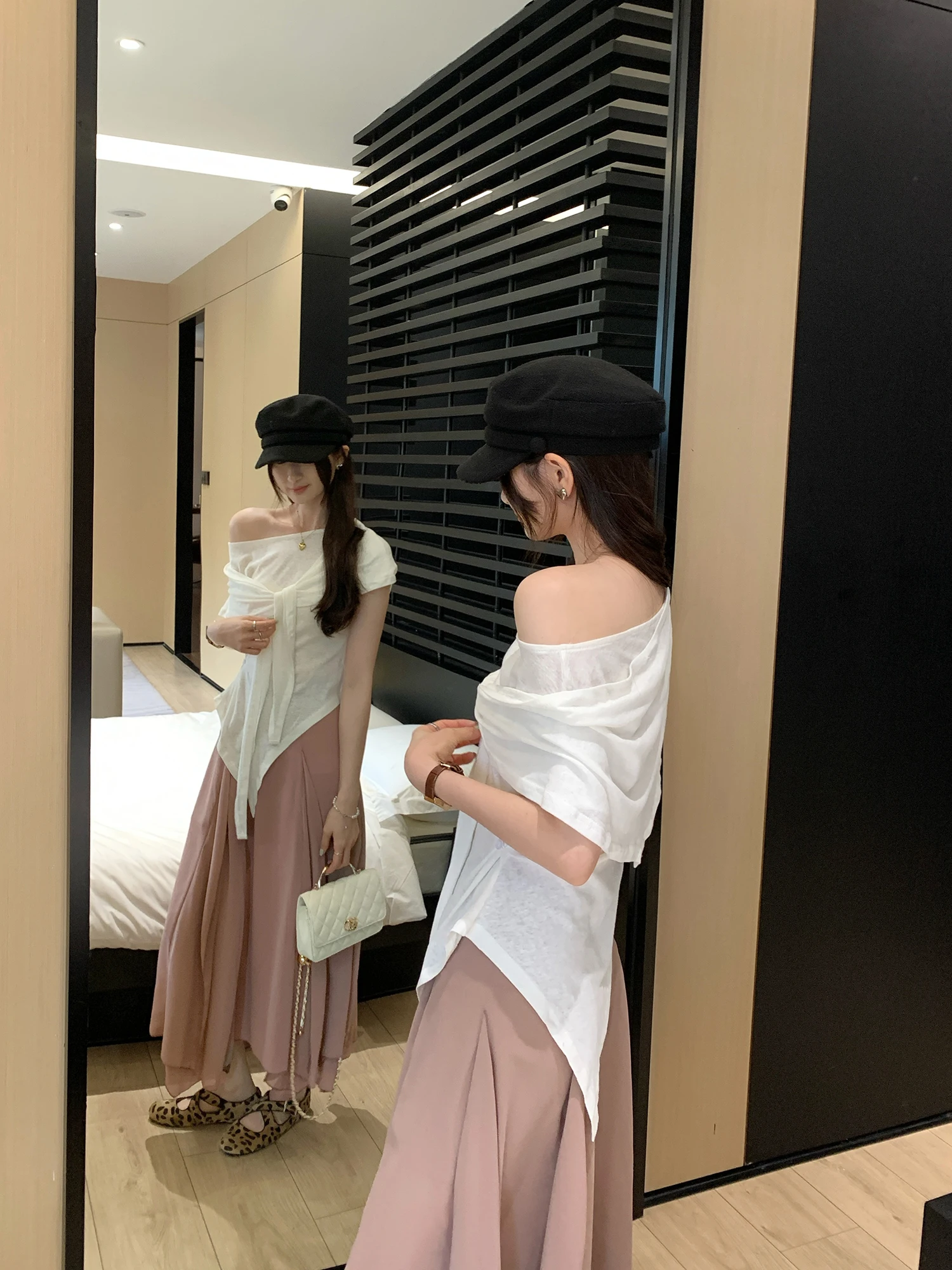 Ladies Summer Linen Cotton Wrap Set Loose Fit Short Sleeve Waist-Cinching Slimming Side-Shoulder Two-Piece Suit Commute Style