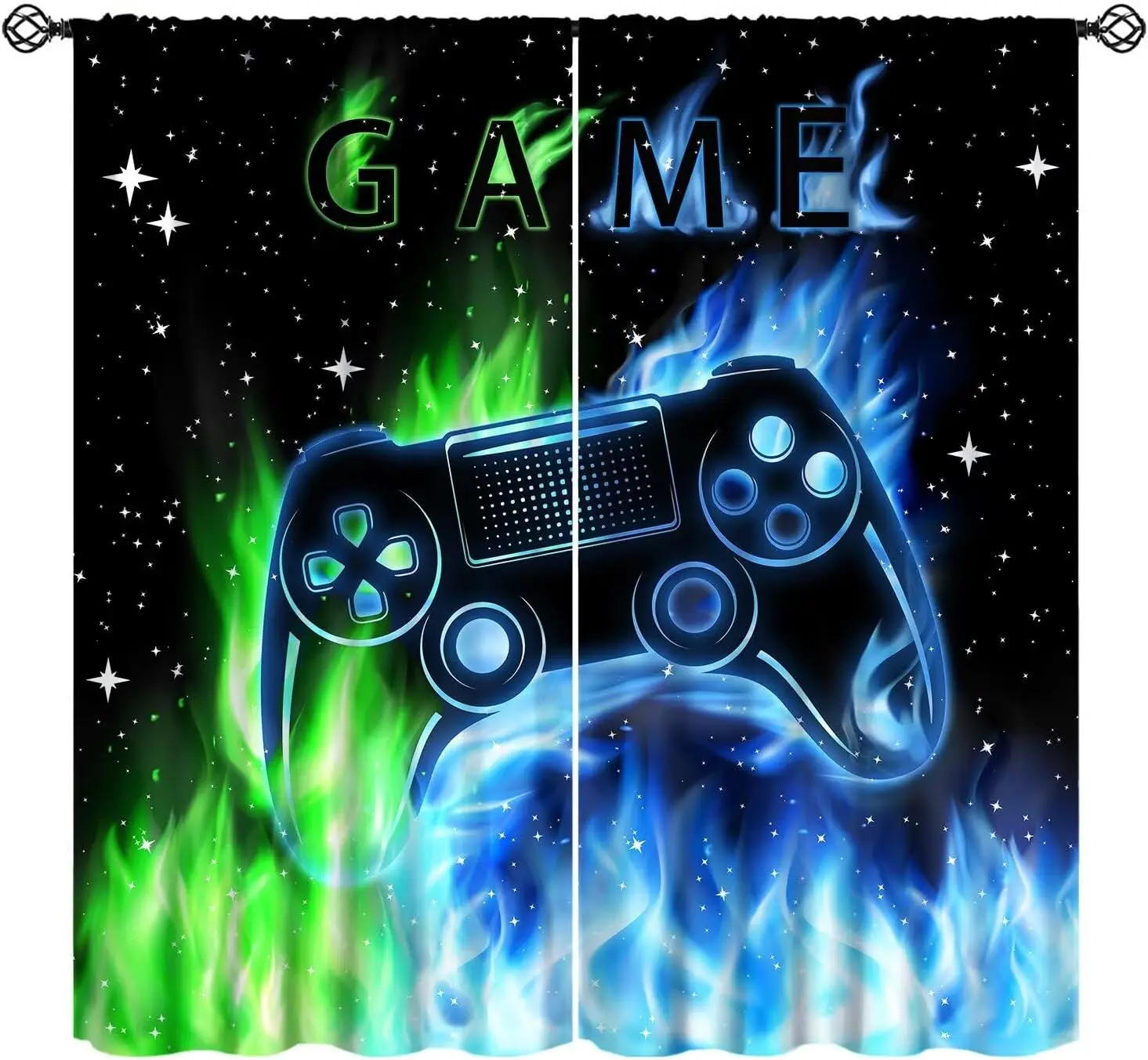 Cool Game Curtains For Boys Bedroom, Green Blue Flame Video Game Graffiti Game Controller Outer Space Stars Print Window Drapes