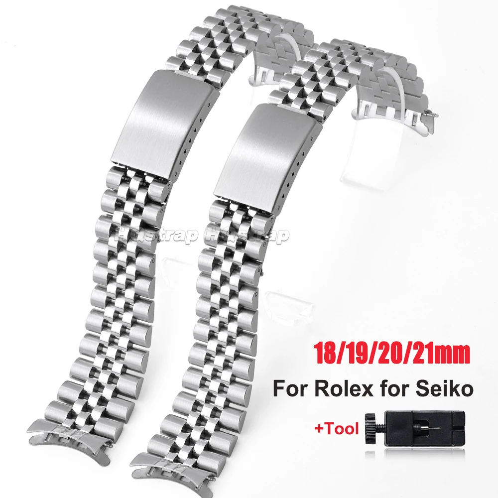 롤렉스 금속 벨트용 곡선 엔드 솔리드 스테인레스 스틸 시계 밴드, 세이코 접이식 버클 팔찌 스트랩, 18mm, 19mm, 20mm, 21mm 
