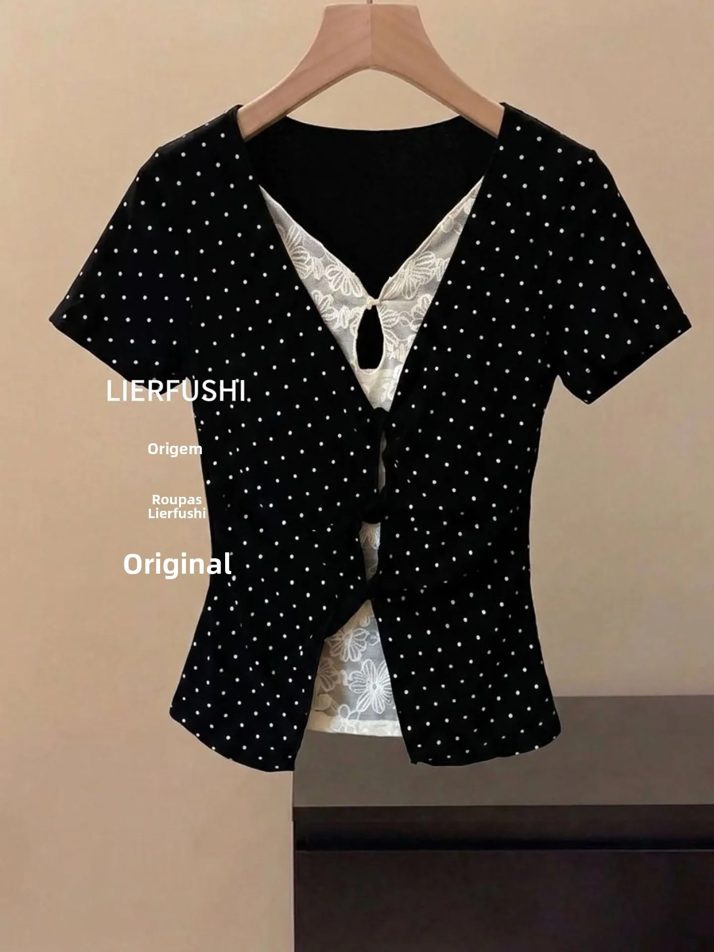 Korean Style Lace Hollow out V-Neck Short Sleeve T-Shirt Women's Summer Design Slimming Versatile Shoulder Level Top