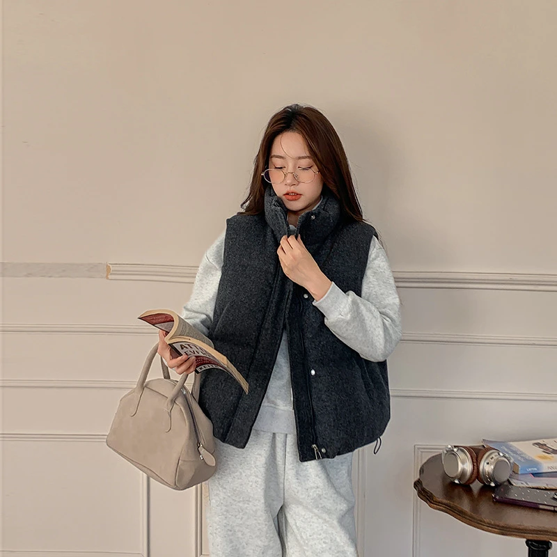 Chaleco de algodón corto para mujer, versión coreana 2025, chaleco de piel de cordero sin mangas con cuello levantado, chaqueta negra y gris, Top Tide