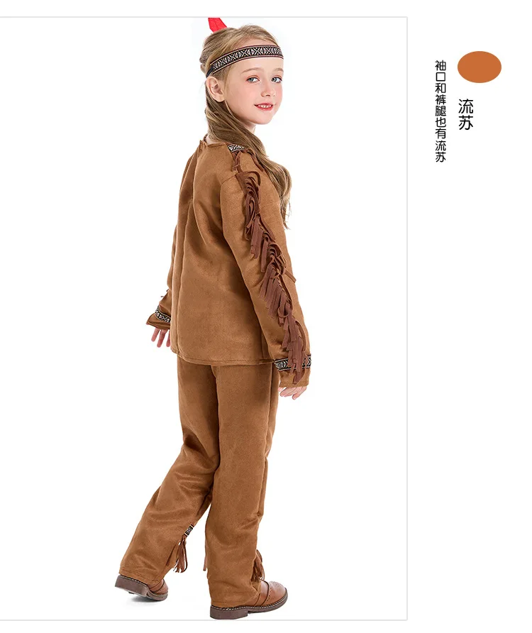 

Boys Girls Indian Indigenous Cosplay Costume Brown Fringe Top Pants Kids Halloween Aboriginal Outfit Slave Hunter Costumes