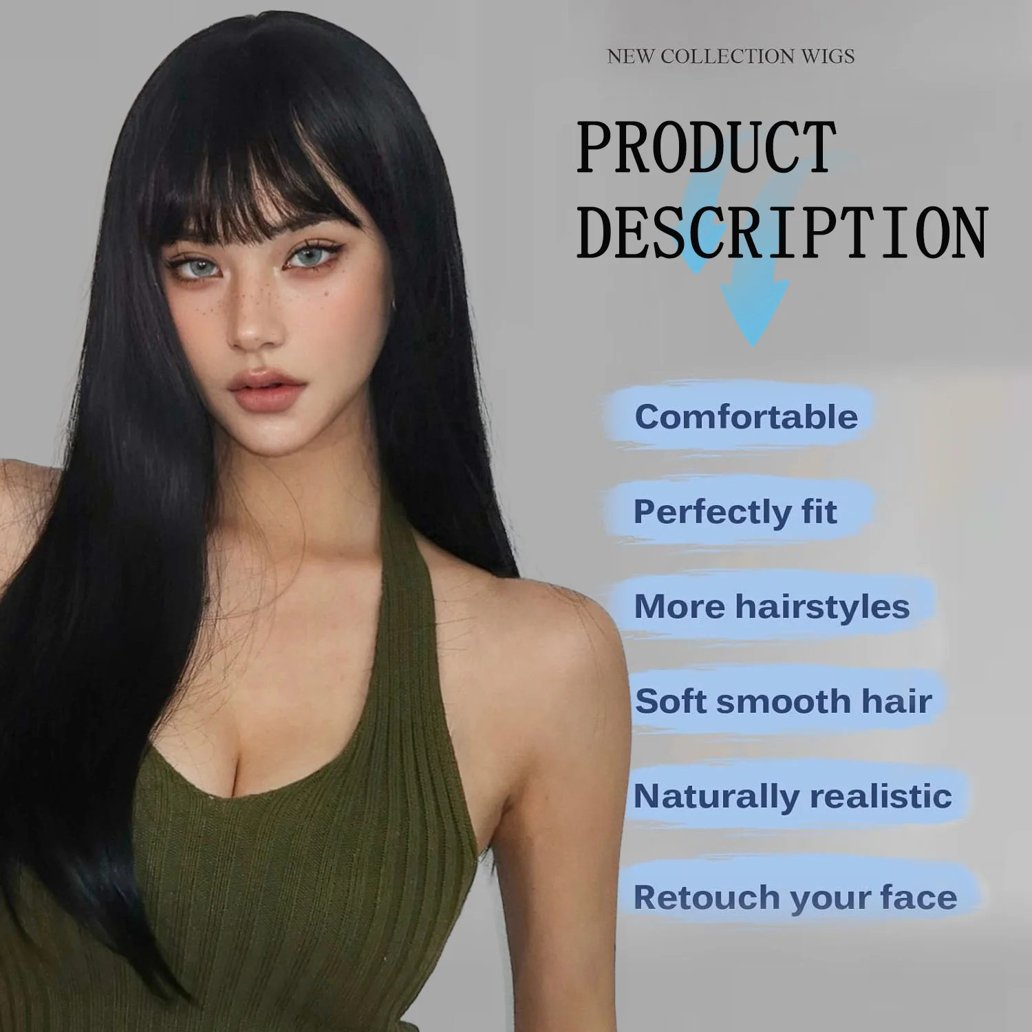 LOUIS FERRE Long Straight Black Synthetic Wigs With Bangs Natural Black Women's Hair Wigs Cosplay Daily Use Heat Resistant Fiber