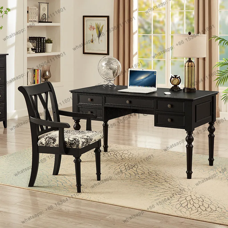 XX. French solid wood desk and chair, black retro simple computer desk