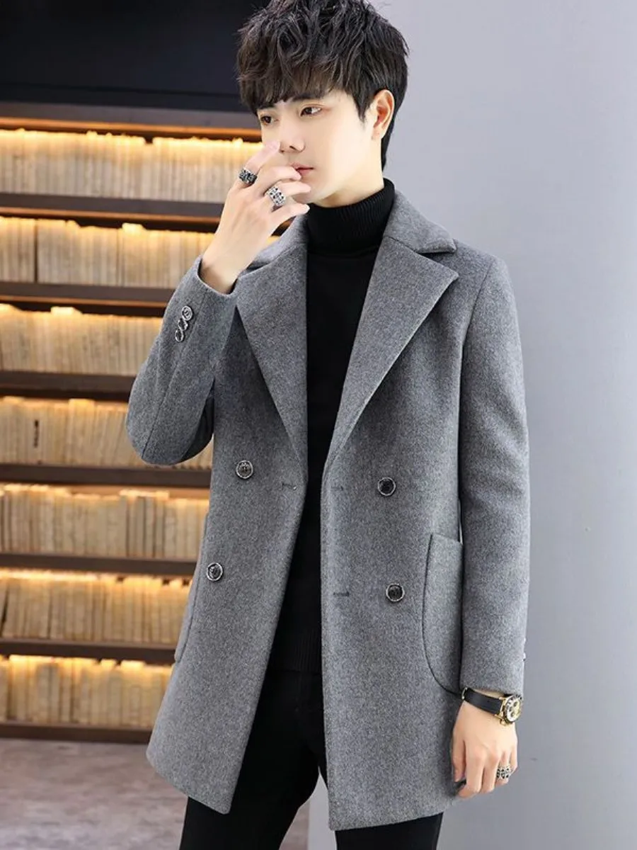 

Модное мужское шерстяное пальто Slim Fit с двубортной застежкой, средней длины, повседневная верхняя одежда в корейском стиле, трендовая куртка