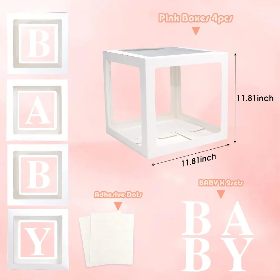 Baby Boxes with Lette for Baby Shower Gender Reveal Decorations with 4 Transparent Balloon Boxes for Gender Reveal Baby Shower