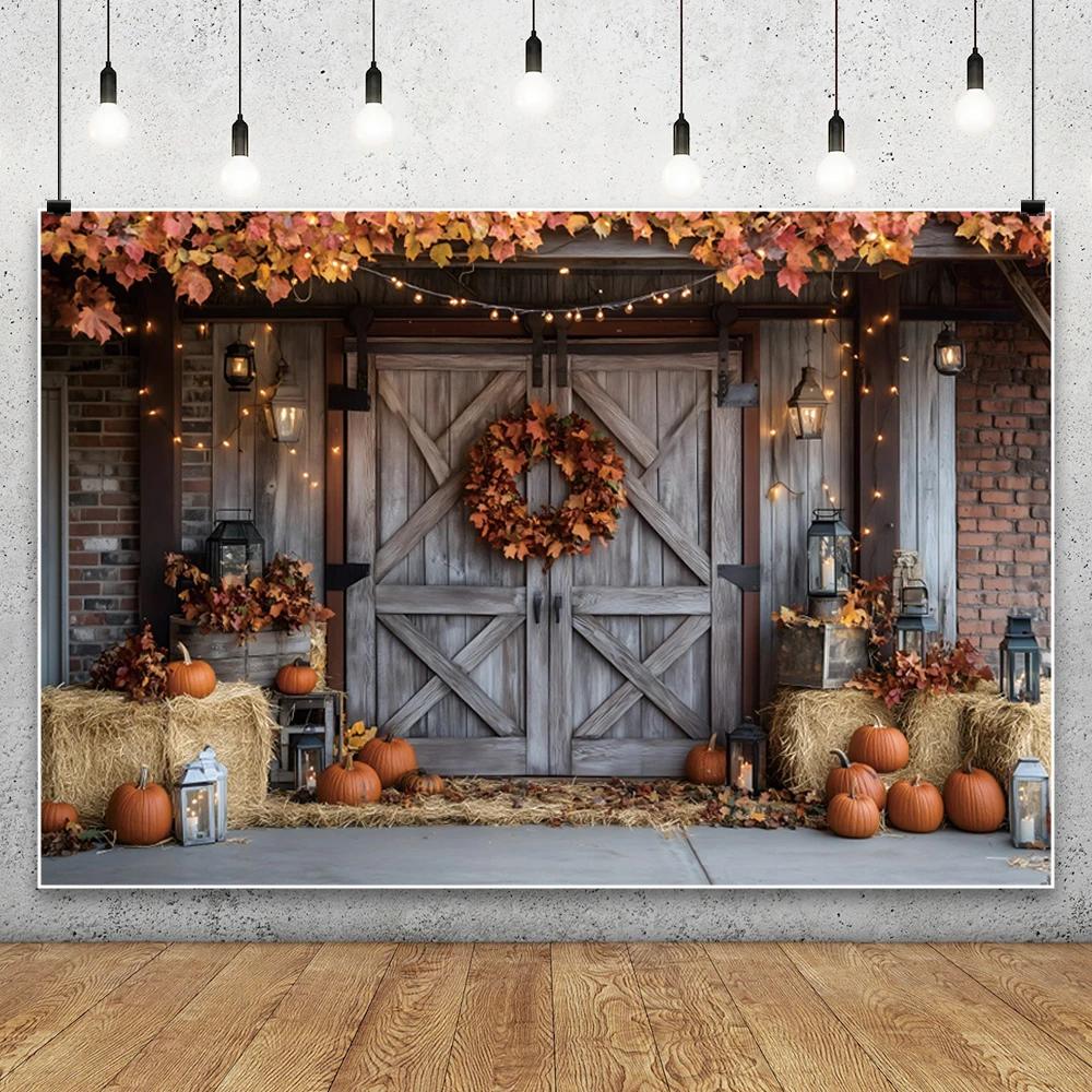 Autumn Photography Backdrop Grey Wooden Door Pumpkin Sunflowers Valley Stack 2025 Fall Thanksgiving Party Decor Photo Background