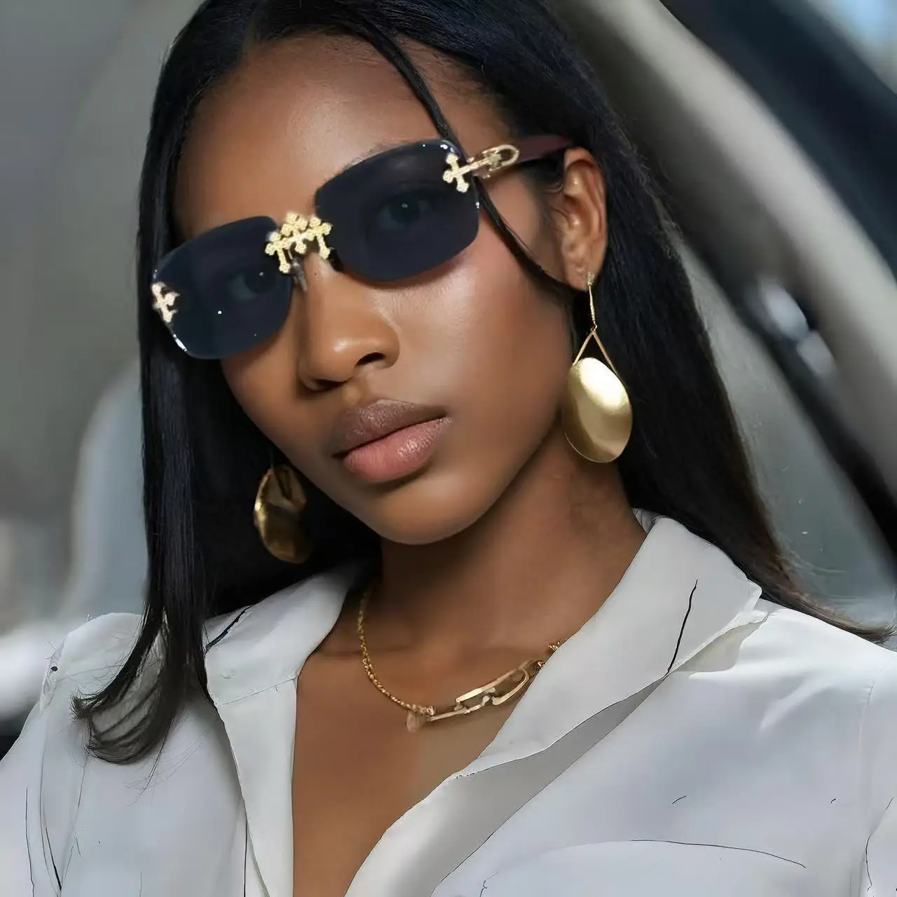 Modische Damen-Sonnenbrille mit rahmenlosem Schnitt, hochwertigem Box-Design und Spitzeneinlage mit Diamant-Sonnenbrille