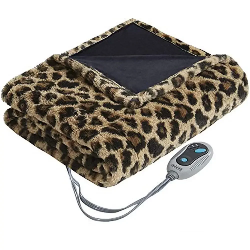 Oversized Electric Heated Throw Blanket Brushed Long Fur Auto Shutoff Soft Warm Leopard Pattern 3 Heat Settings