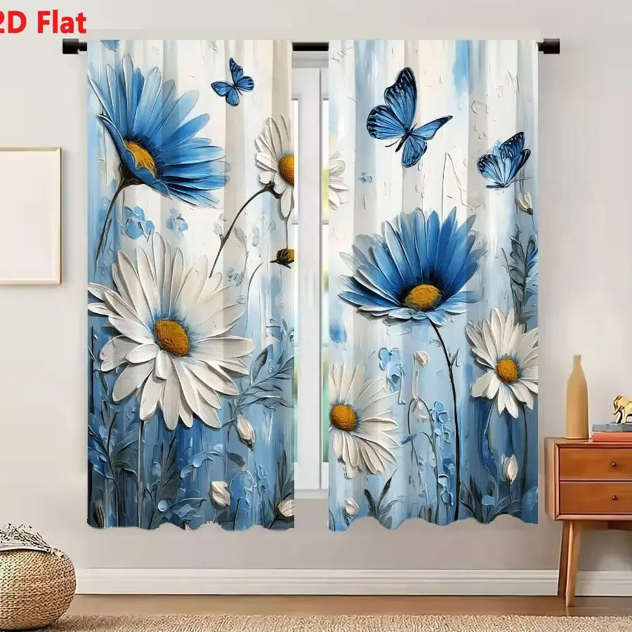 2Pcs Curtains 2D Flat Floral Scene With Daisies And Butterflies In Soft Blue And White Painterly Style Window Drapes for Bedroom