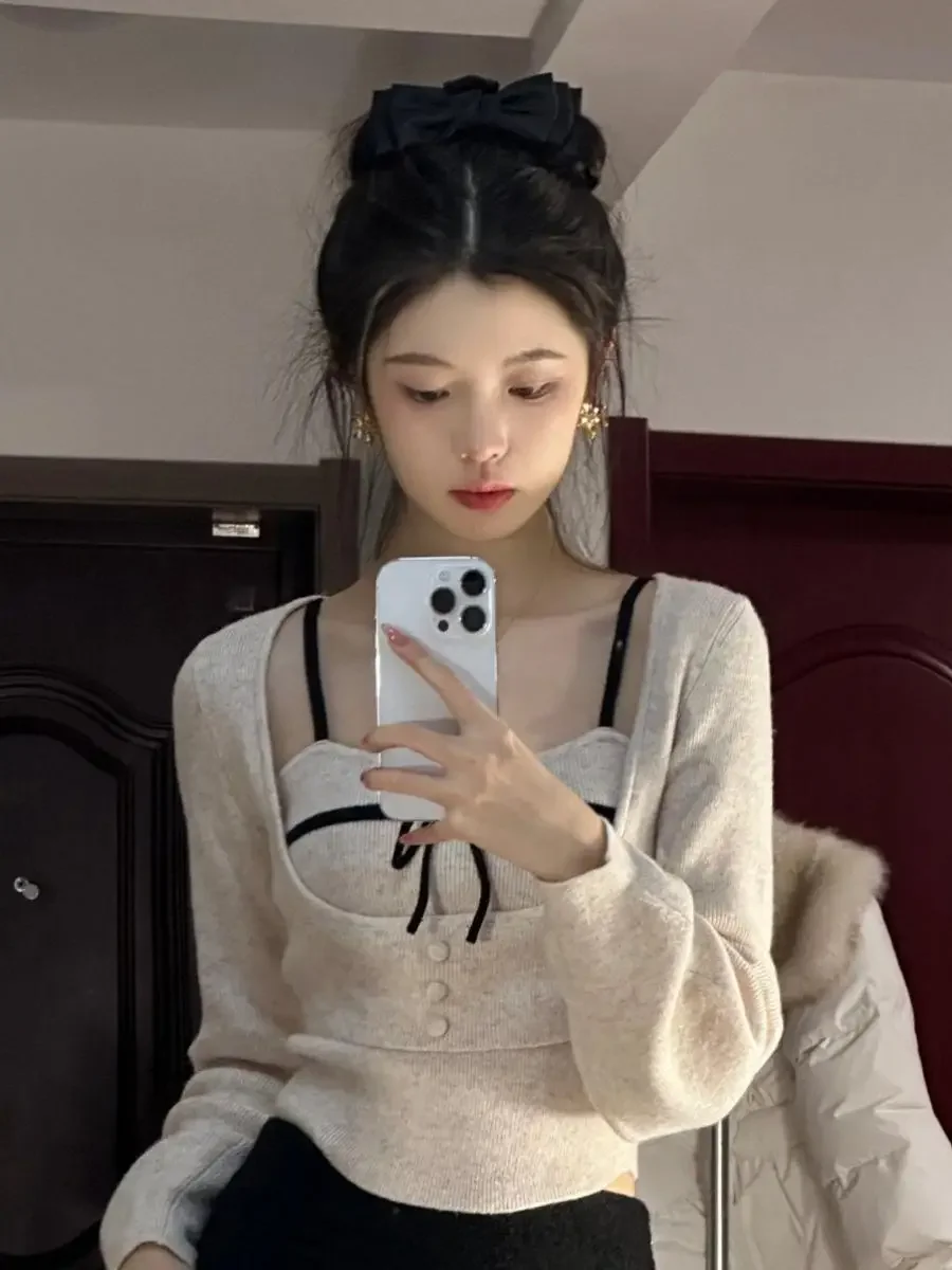 Women T-shirts Long Sleeve Autumn Layered Basic Tops Patchwork Korean Style Sexy Pure Lust High-end Slim Chic Street Cool Girl