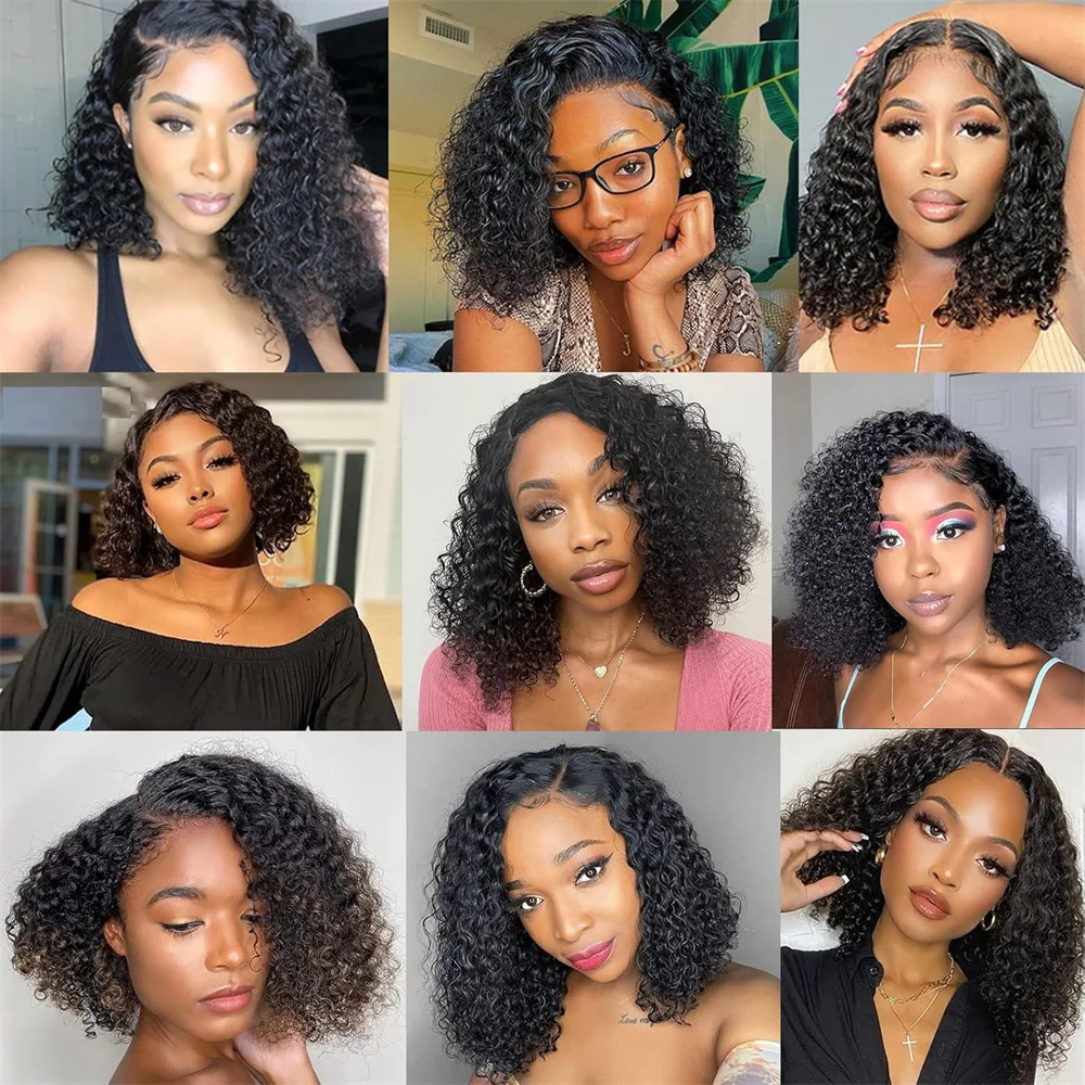 Kinky Curly Bob Lace Front Wig pour femme, perruques de cheveux humains sans colle, perruque transparente HD 13tage