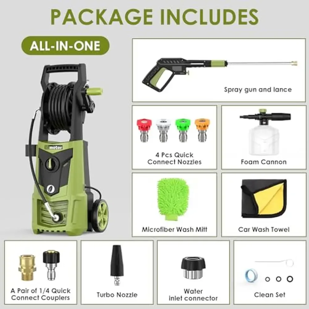 Electric Power Washer 4000PSI 2.8GPM Nozzle Set Foam Cannon Car Wash Machine Reel Hose Set Mobile Safe Eco-Friendly IPX5 Rated