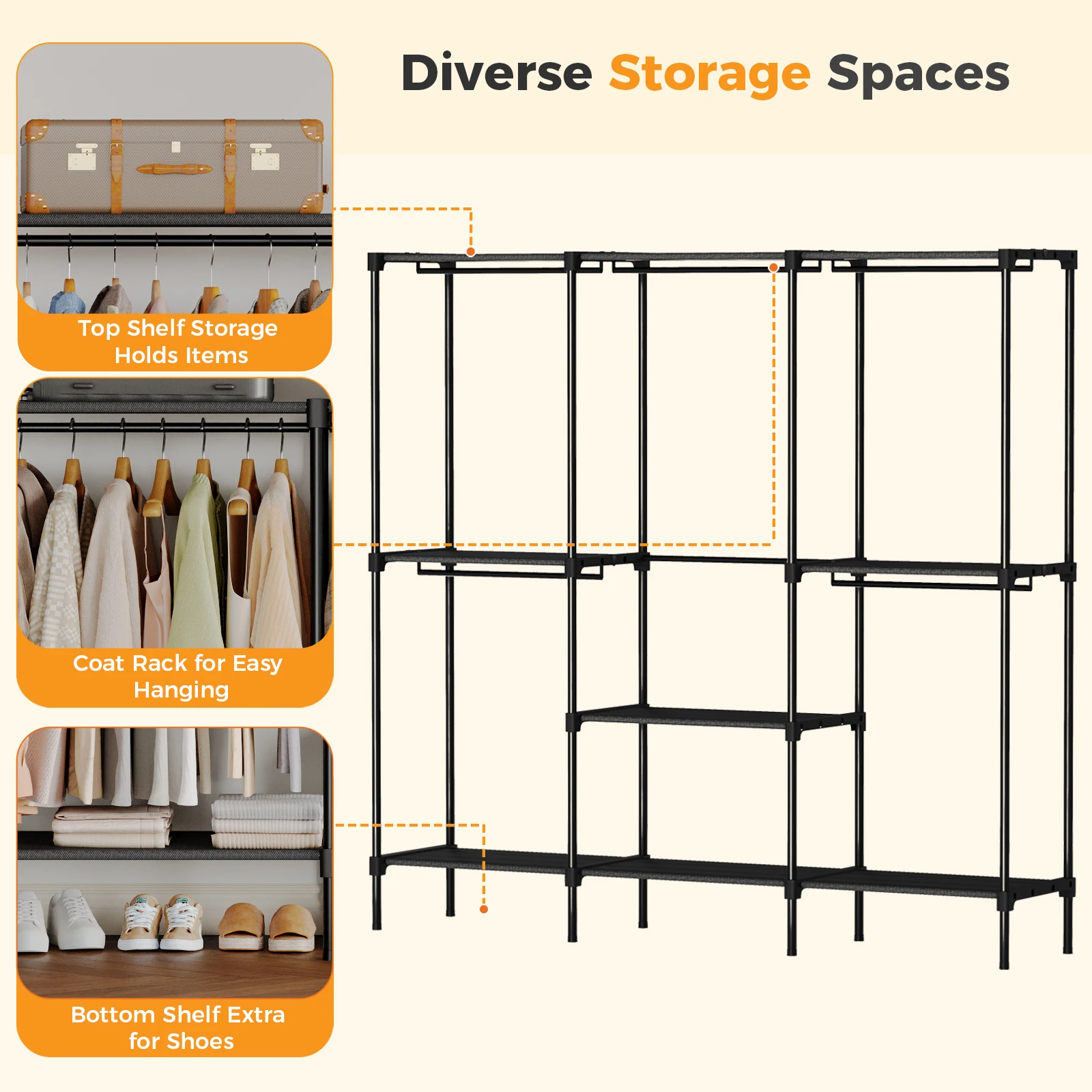JHK 72IN to 81IN Portable Three Rows Wardrobe Closet with Hanging Rods Clothing Rack with Shelves Mudroom Storage Organizer image 3