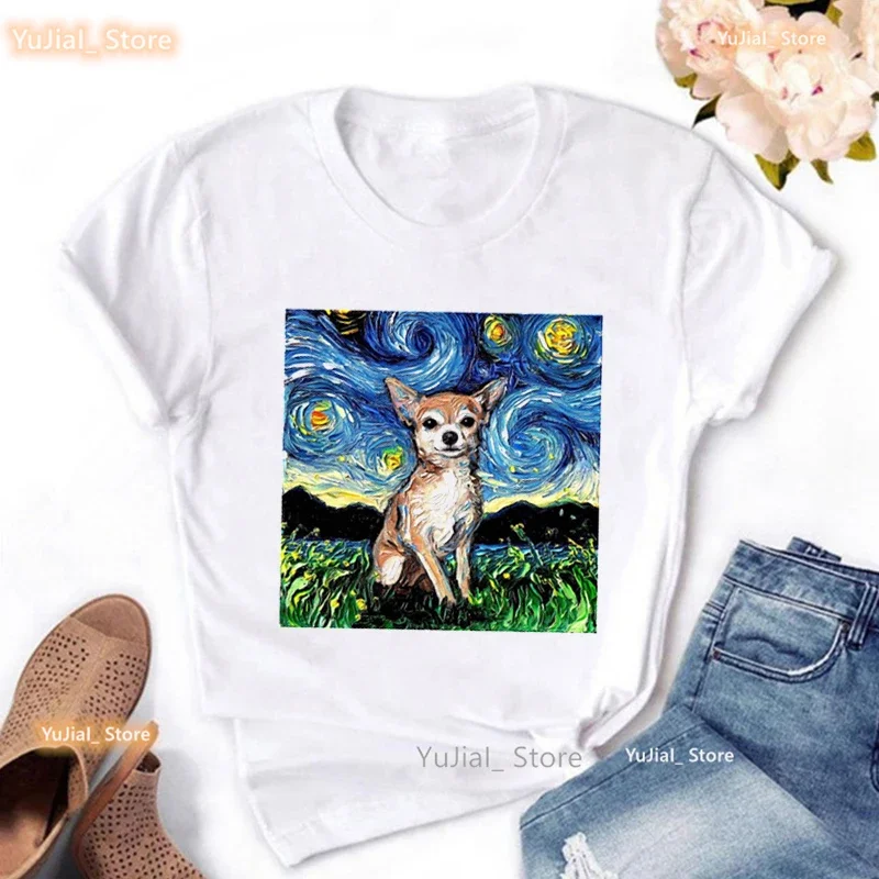 Cute Starry Sky Chihuahua/Shih Tzu/Dachshund /Corgi /Yorkie/French Bulldog Animal Print T Shirt Girls Kawaii Dog Lover Tshirt