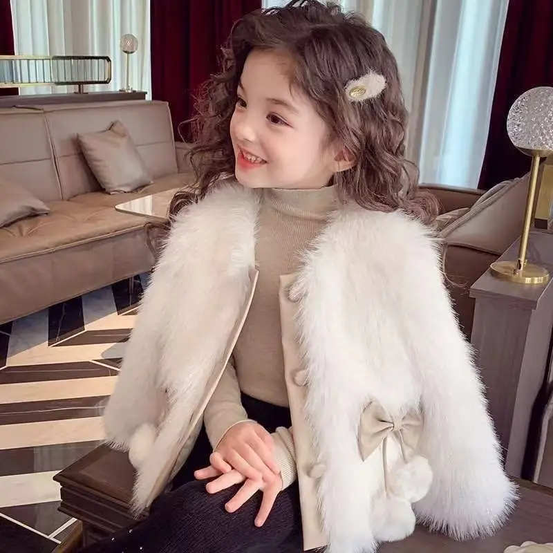 Girls' Warm Imitation Fur Coat Fur Coat Autumn Winter Clothing New Style Fashionable Small Fragrance Style Cotton Jacket