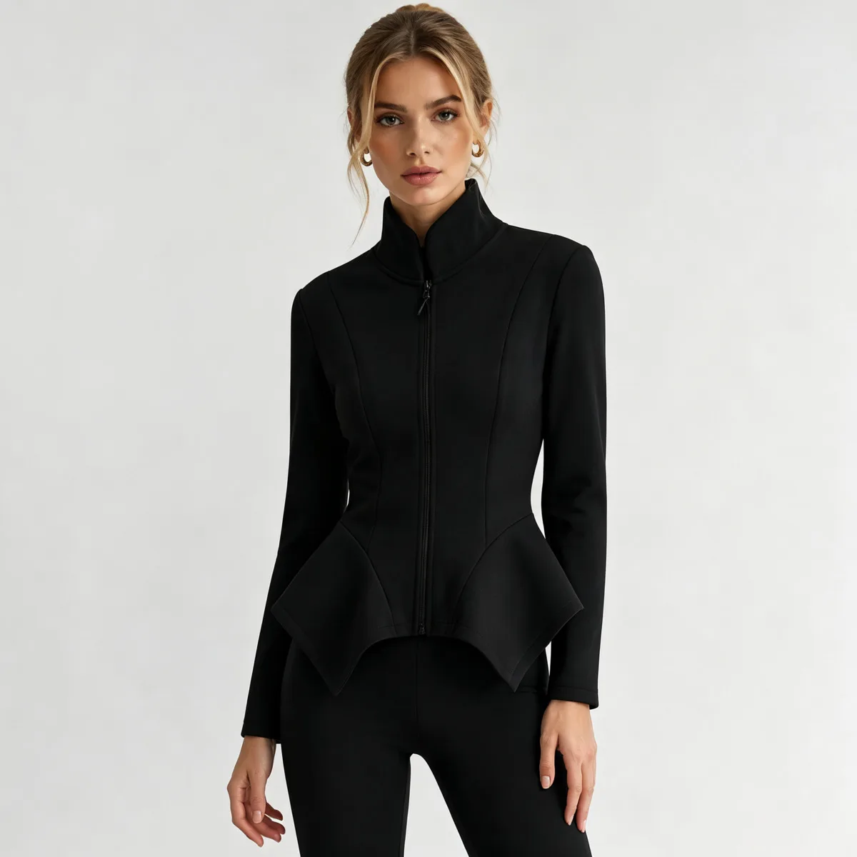 IG Women Stand Collar Zip Up Jacket Elegant Slim Waist Peplum Blazer Long Sleeve Solid Black Irregular Hem Outerwear Fashion