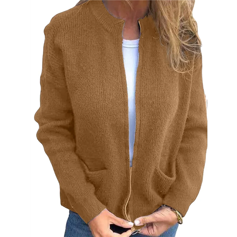 

AT19-Women's Zip Up Knit Cardigan Long Sleeve Stand Collar Sweater Outwear Coat With Pockets