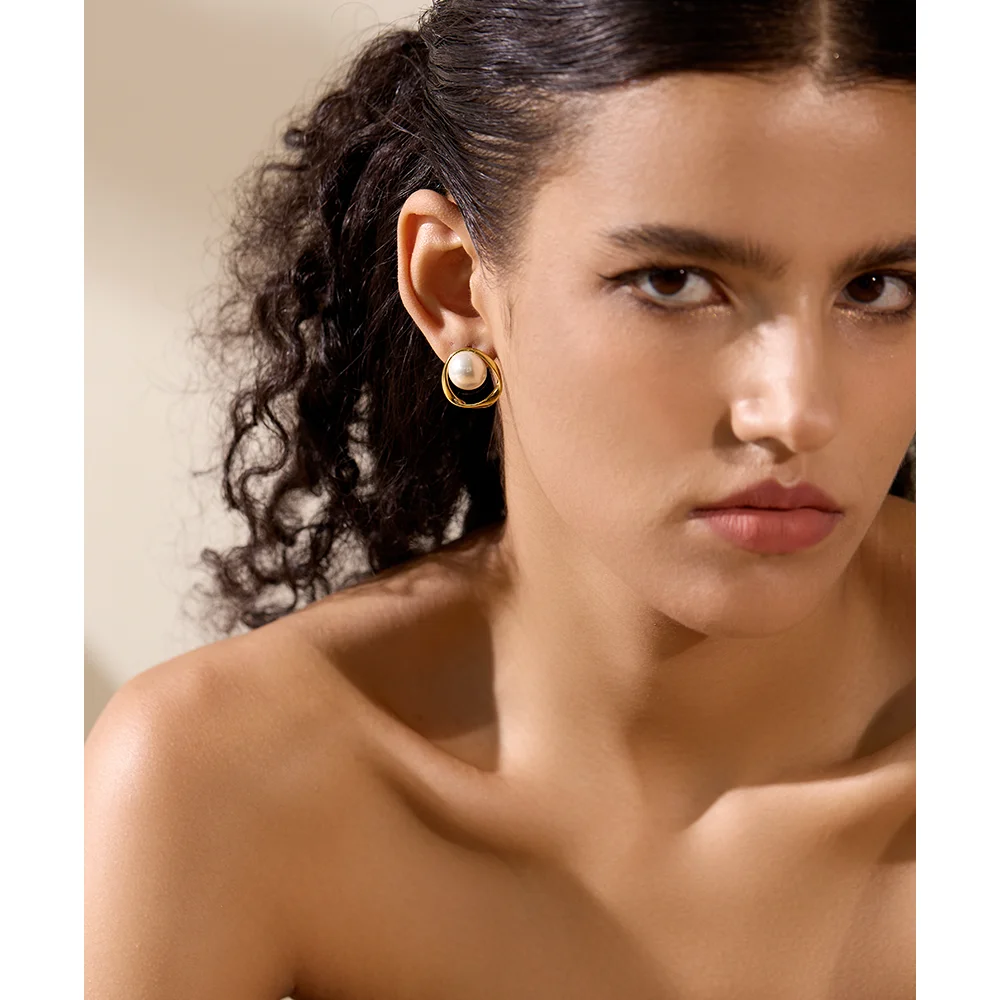 Yhpup Exquisite 316 Stainless Steel Simulated Pearls Round Hollow Stud Earrings Korean Fashion Jewelry for Women Chic Gala Gift