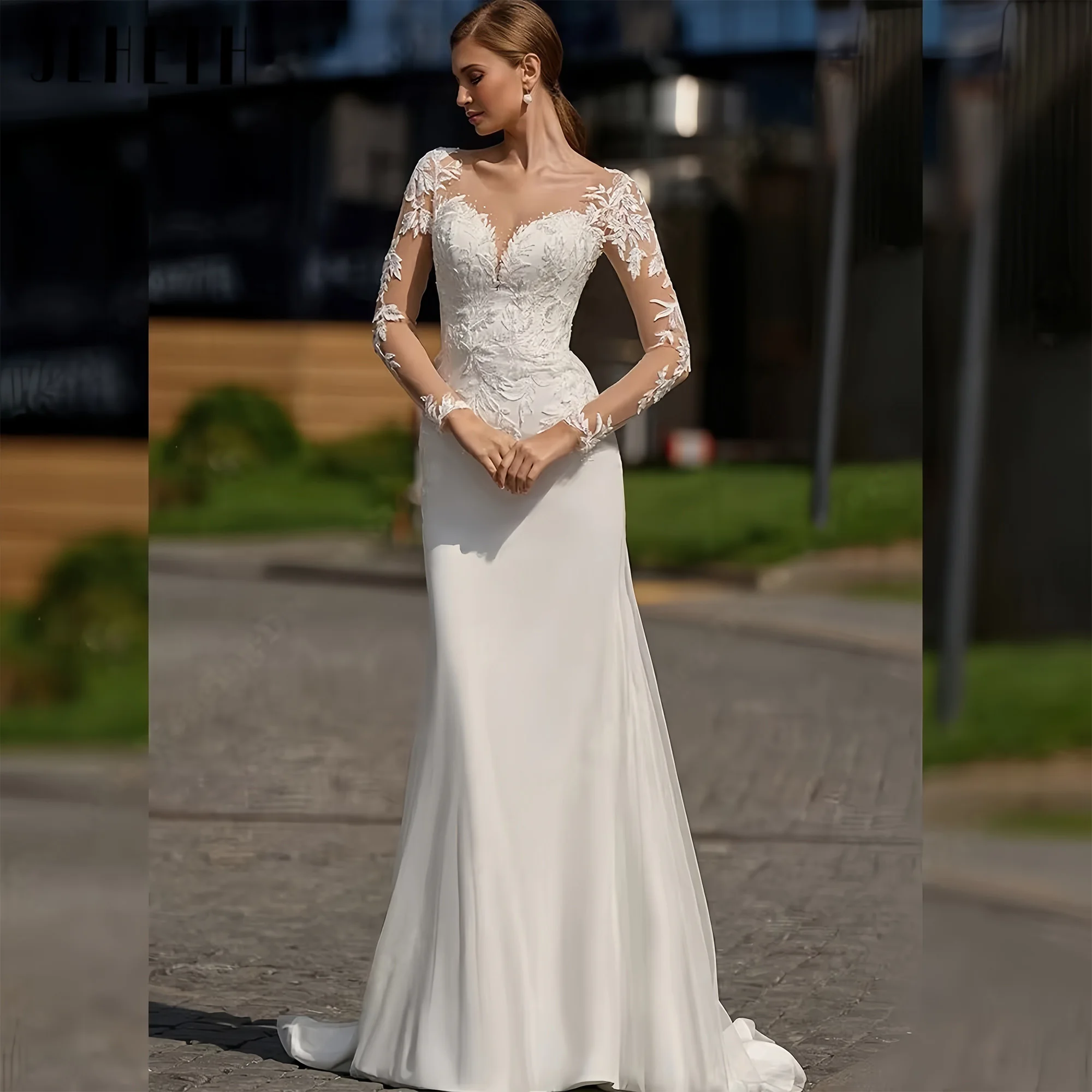 

JEHETH Satin Surface Wedding Dresses Lace Appliqued Long Sleeves Bridal Gowns 2025 Sexy Mermaid Ball Vestidos De Gala Customized