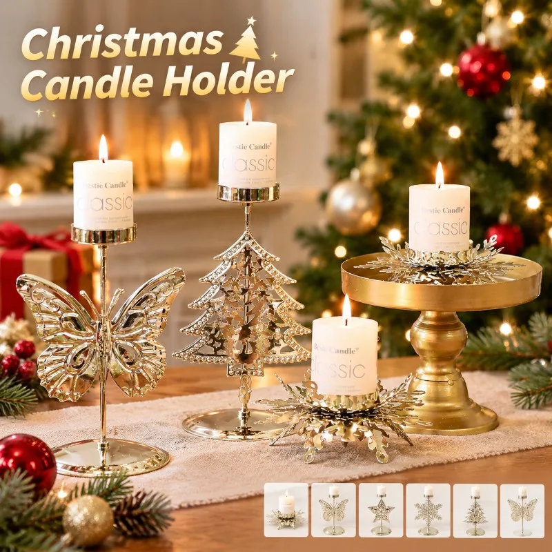 Golden Iron Candle Tray Holder Xmas Elk Tree Candelabra Ornament Creative Tabletop Festive Supply for Holiday Indoor Mantel