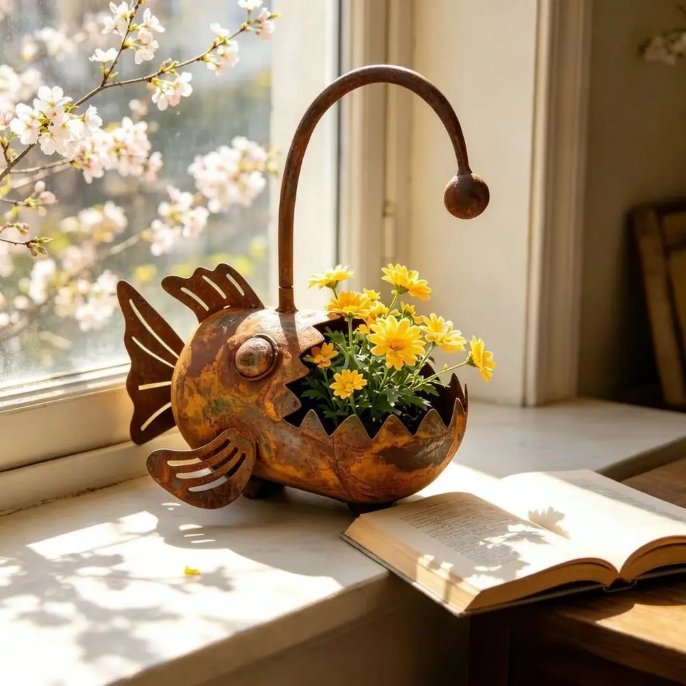 Vintage Style Metal Fish Planter Rusty Finish Outdoor Garden Ornament Artistic Yard Figurine Landscape Decor