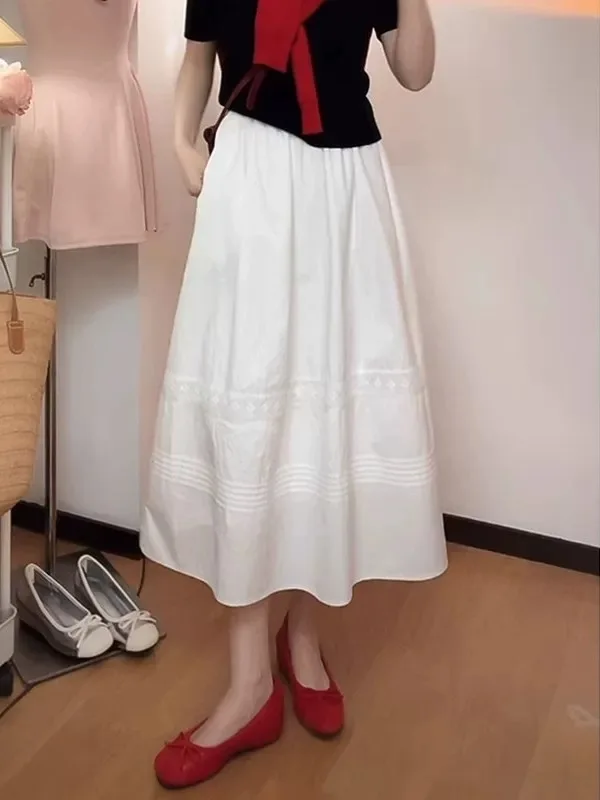 

Юбка А-силуэта с высокой талией, белая, женская, весна-лето 2026, новая, маленький размер, на резинке, свободная, расклешенная