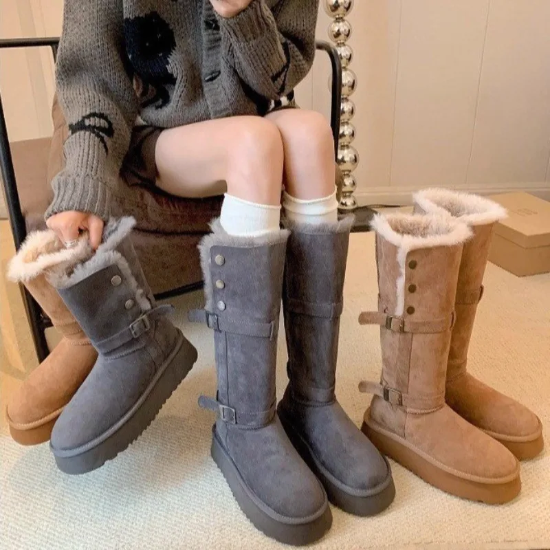 Botas de nieve para Mujer, zapatos cálidos de algodón de felpa para invierno, Botas informales de gamuza de alta calidad, Botas cálidas hasta la rodilla para invierno, Botas Largas para Mujer