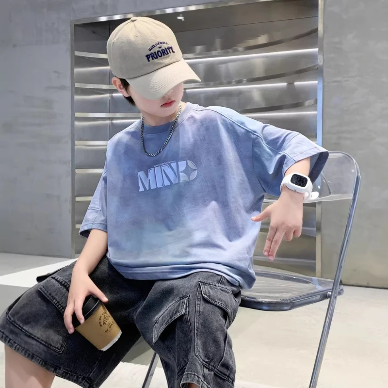 

2026 Summer New Street Style Blue Letter Loose Cotton Round Neck Personalized T-shirt for Children