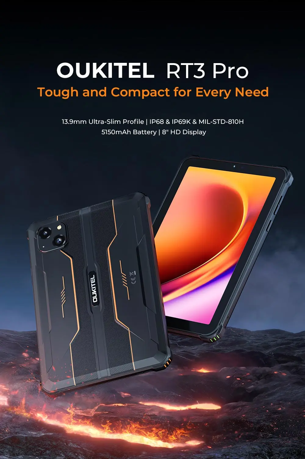 Oukitel RT3 PRO 5150mAh Battery 8"HD Display Tablet 13.9mm Ultra-Slim Profile IP68 &IP69K & MIL-STD-810H, 16(4+12)GB +128GB