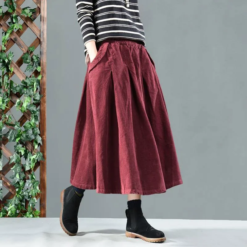 Spring Autumn Arts Style Women High Waist Loose Long Skirt All-matched Casual Cotton Corduroy A-line Skirt Femme Saias