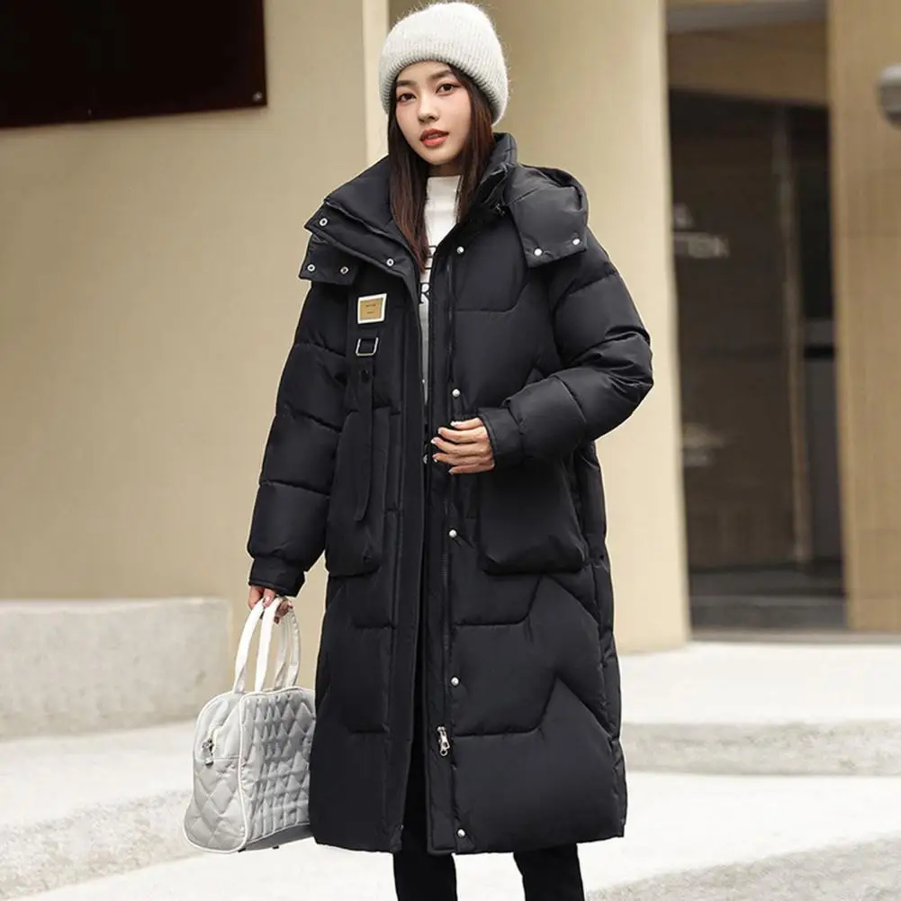 

Winter Women Cotton Jacket Detachable Hood Long Sleeves Knee Length Zipper Closure Coat Solid Color Windproof Outwear