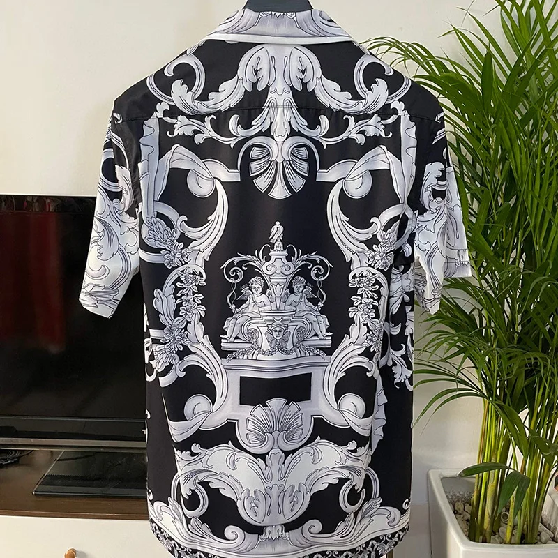 Summer black and white style graphic print cartoon castle oversized hawaiian short sleeve shirt men\'s loose comfortable clothing