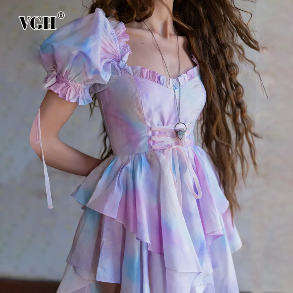 

VGH Colorblack Printing Patchwork Lace Up Dresses For Women Square Collar Puff Sleeve High Waist Backless Mini Dress Female New