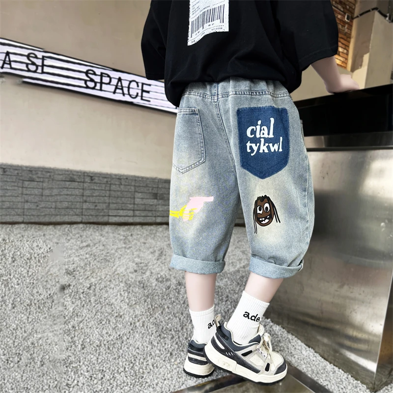 Teen Boys Ripped Denim Shorts With Cartoon New Summer Cool Kids Casual Short Pants School Child High Quality Elastic Calf Jeans